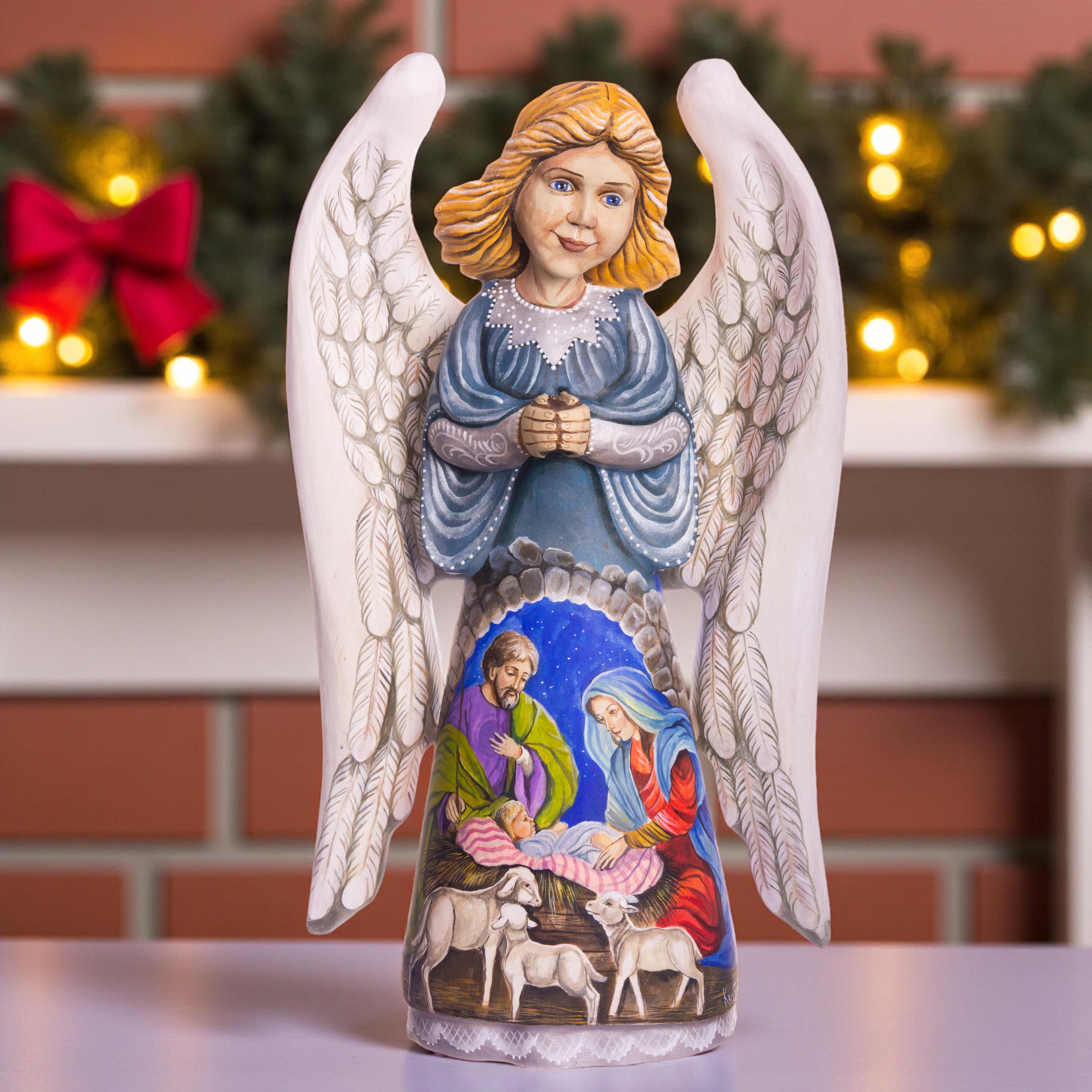 Hand carved angel figurine 12.9 inch, Holy Family Nativity, mantel display