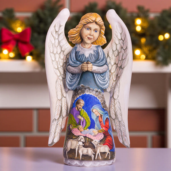 Hand carved angel figurine 12.9 inch, Holy Family Nativity, mantel display