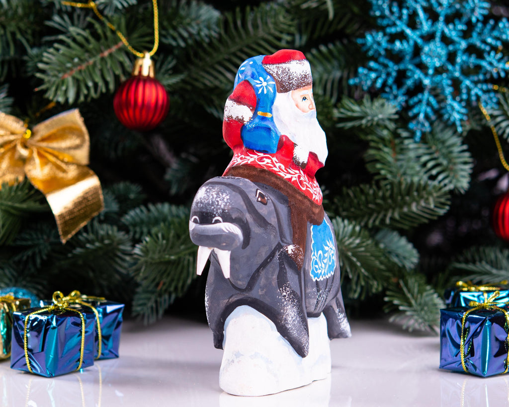 Hand Carved Wooden Santa Claus on Walrus - Christmas Figurine