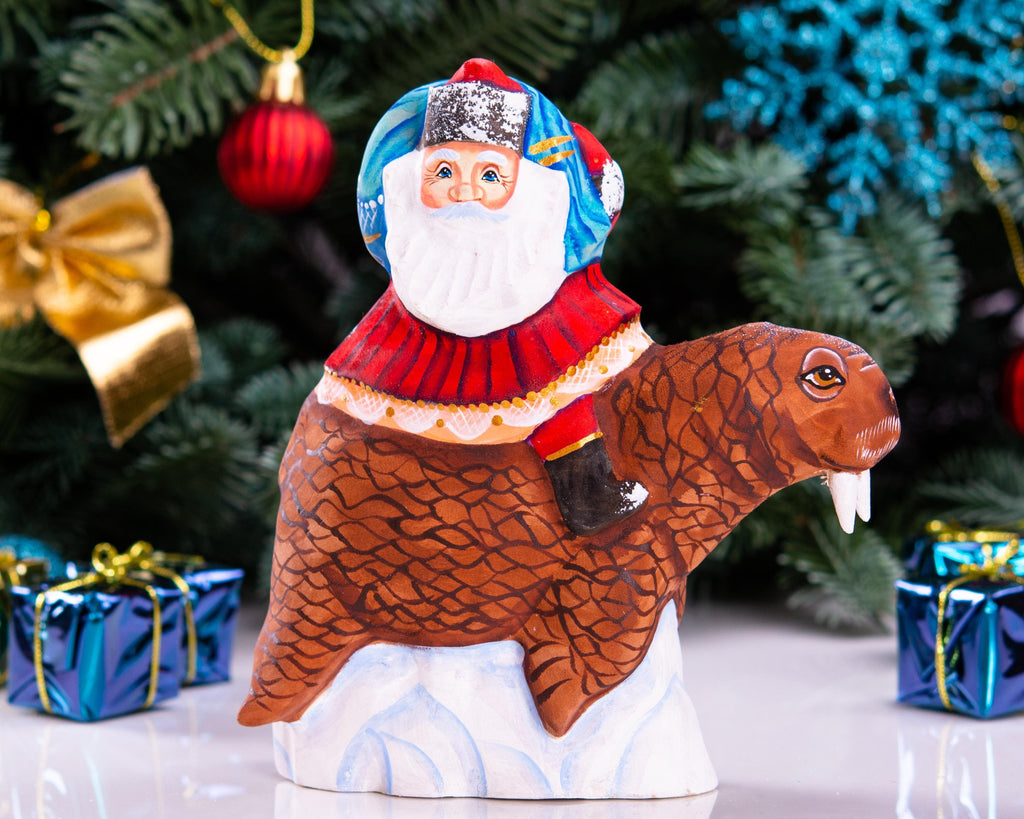 Old World Santa wooden figurine 5.9 inch, walrus arctic scene display