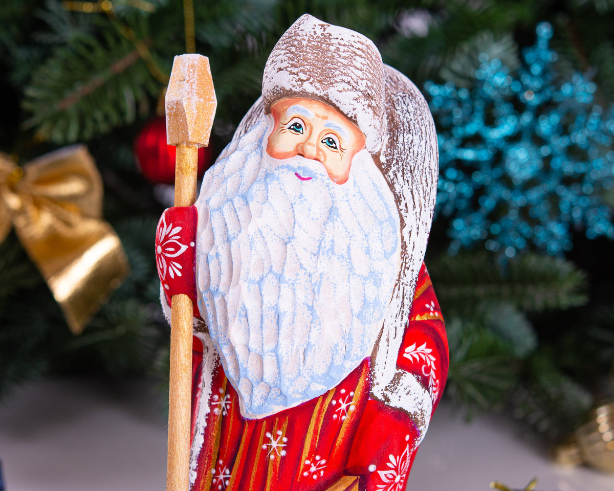 Old-World Santa wooden figurine 9 inch, matryoshka toy sack, staff, Christmas mantel decor