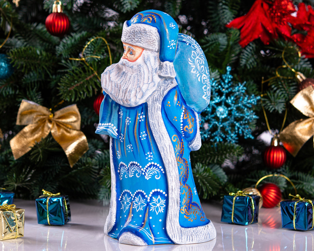 Wooden Santa Figurine in Blue with Sack 9", Hand Painted Shelf Decor