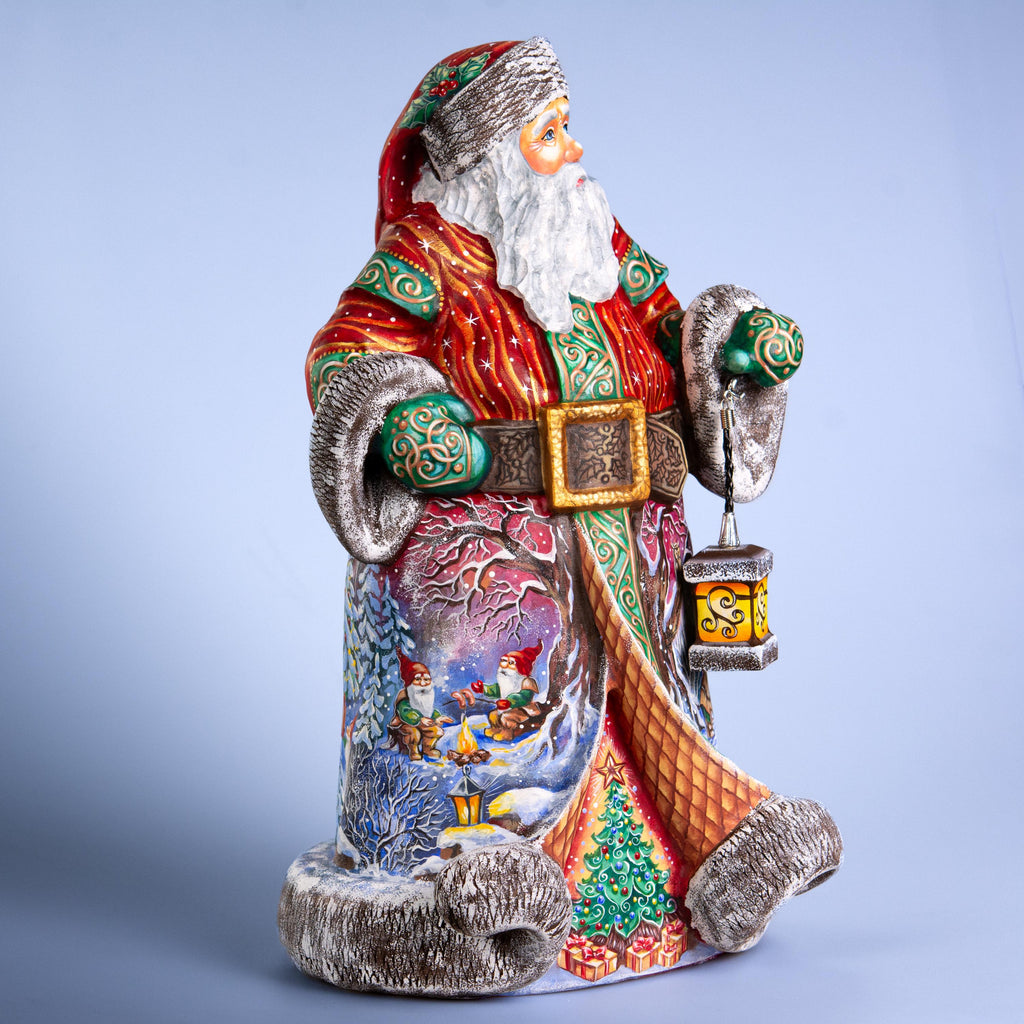 Hand Carved Santa Claus Figurine: Wooden Gnome Winter Scene, Painted Christmas Decor