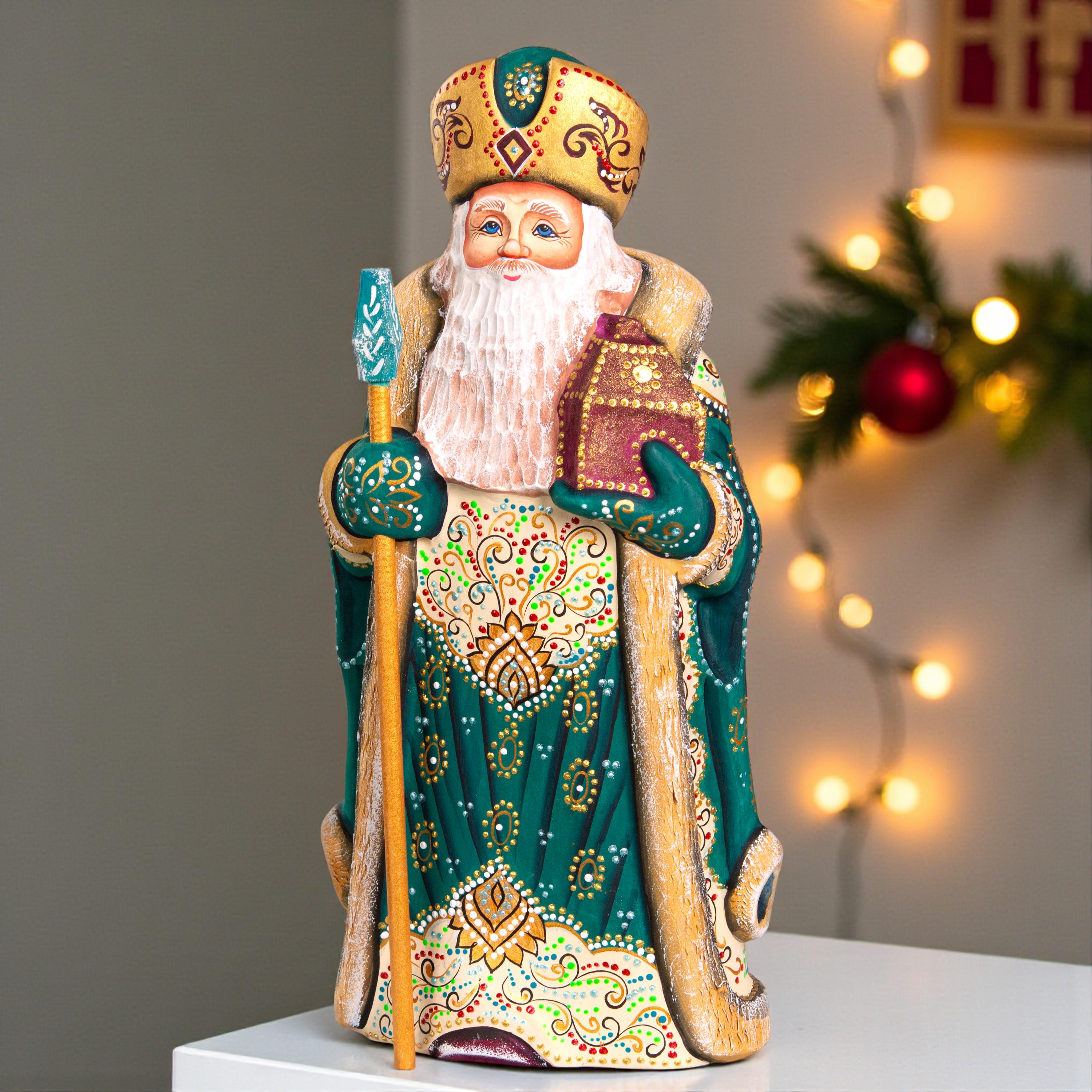 Kris Kringle Santa figurine 12 inch, emerald coat mantel display