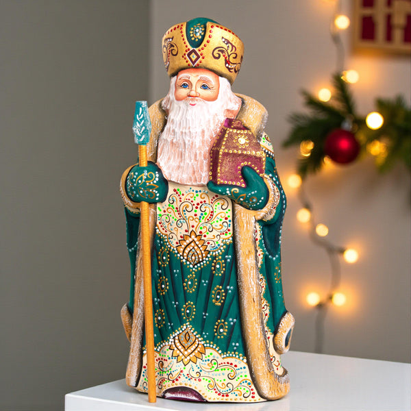 Kris Kringle Santa figurine 12 inch, emerald coat mantel display