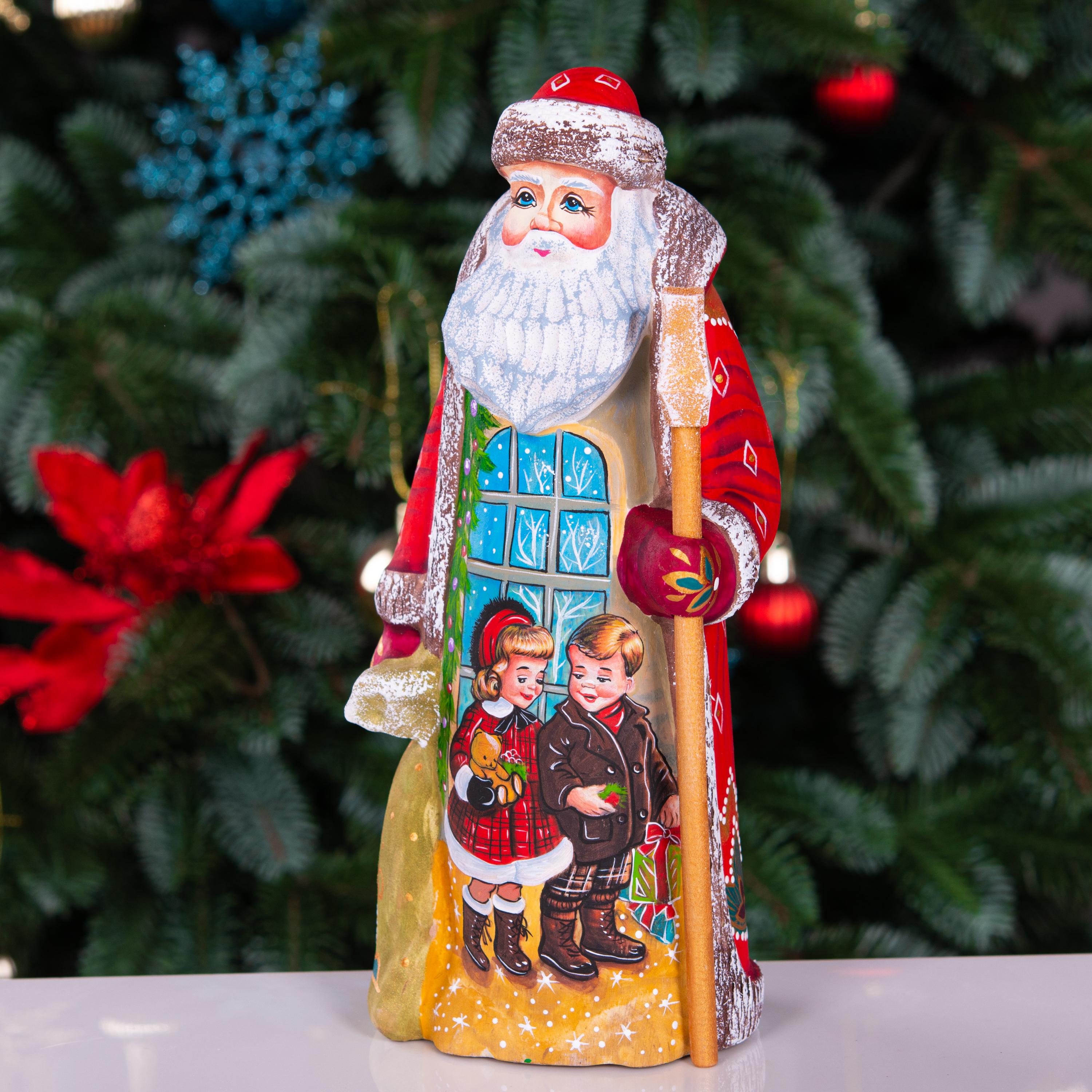 Vintage Santa wooden figurine 8.7 inch, kids by window, nostalgic Christmas decor