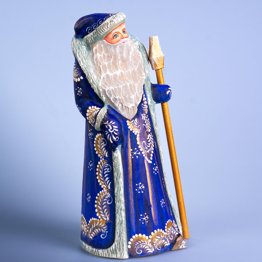 Blue Father Christmas figurine with staff, hand painted, 8.7 inch