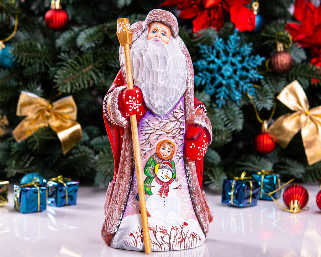 Hand carved wooden Santa figurine 9.4 inch, child with snowman scene, mantel decor