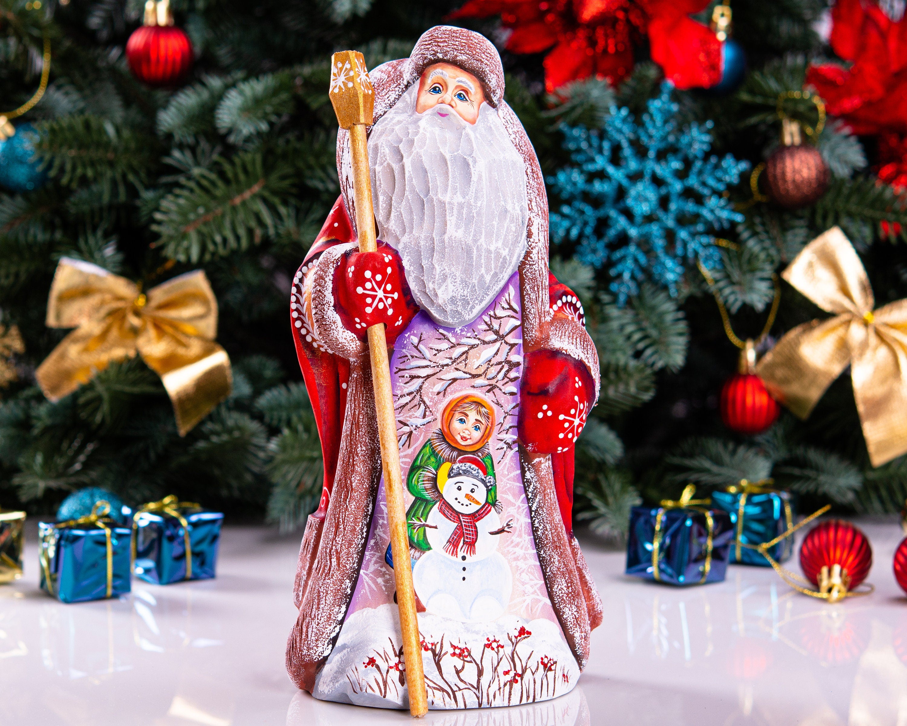 Hand carved wooden Santa figurine 9.4 inch, child with snowman scene, mantel decor