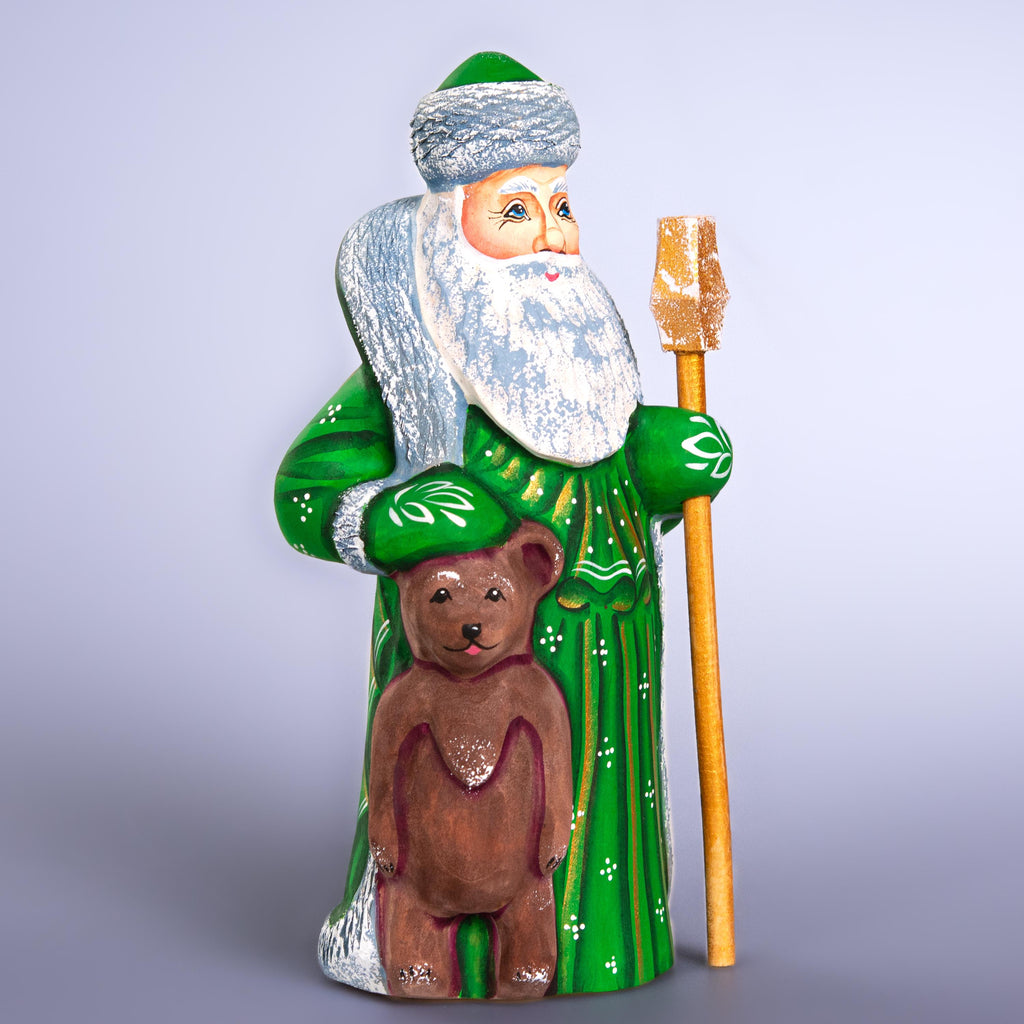 Hand Carved Wooden Santa and Bear Figurine: Rustic Christmas Decor