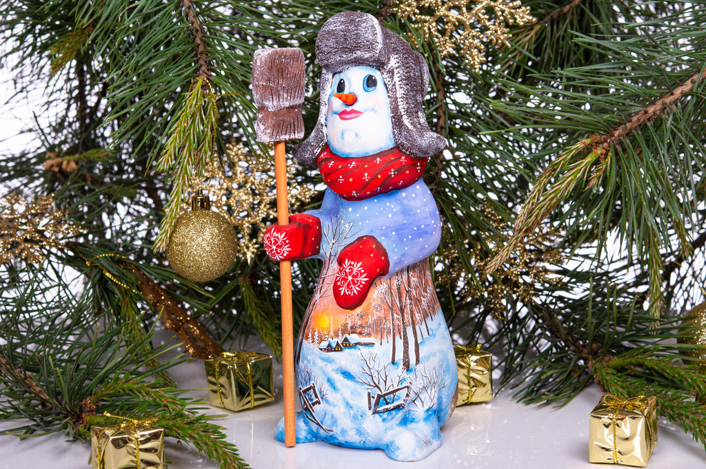 Hand carved snowman wooden figurine 9.1 inch, broom, winter village scene