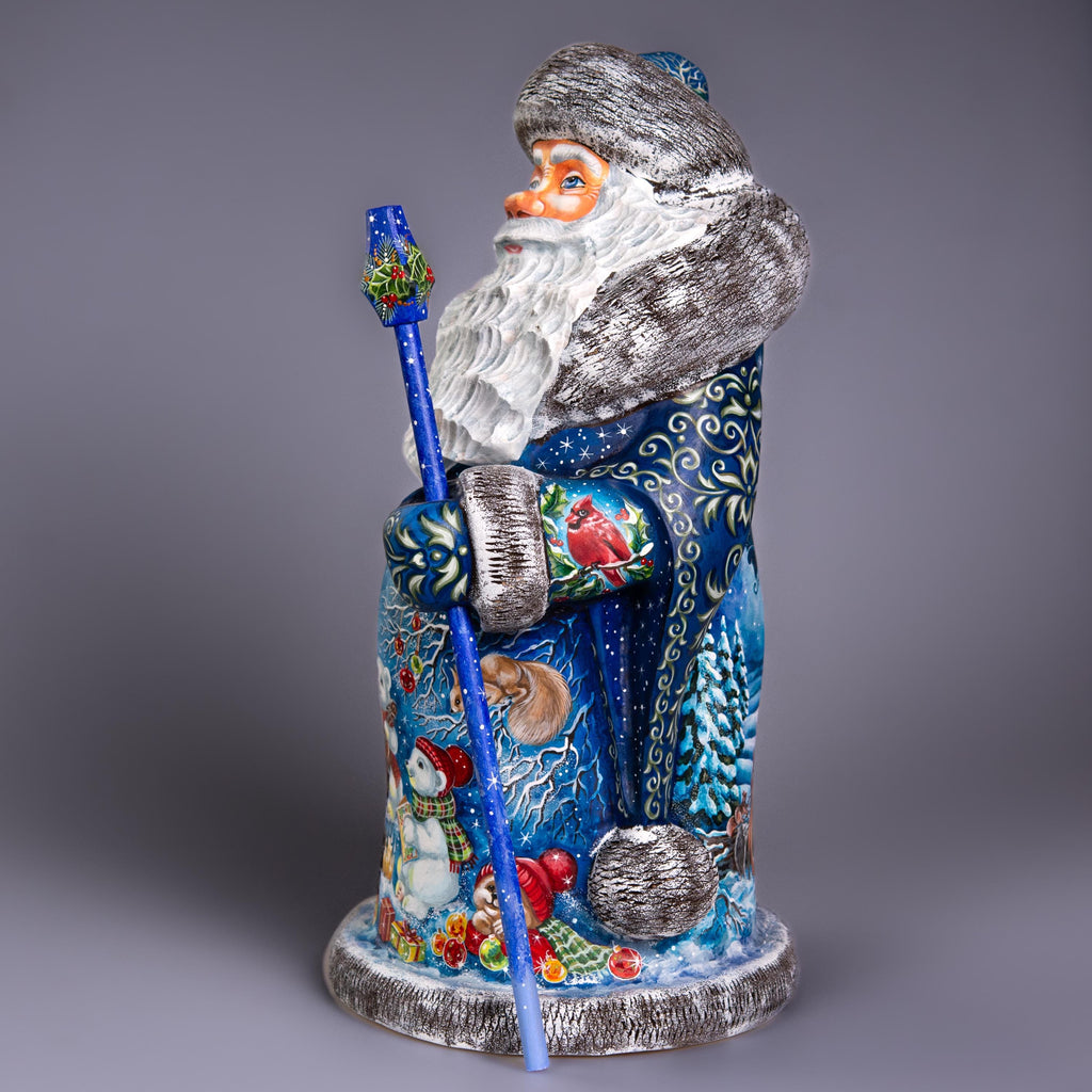 Collectible 14" Wooden Santa Figurine, Blue Coat & Woodland Animals – Holiday Decor