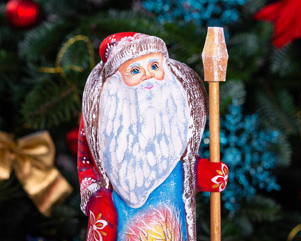 Russian Santa wooden figurine 9 inch, snow covered cottages painting, classic Christmas mantel display