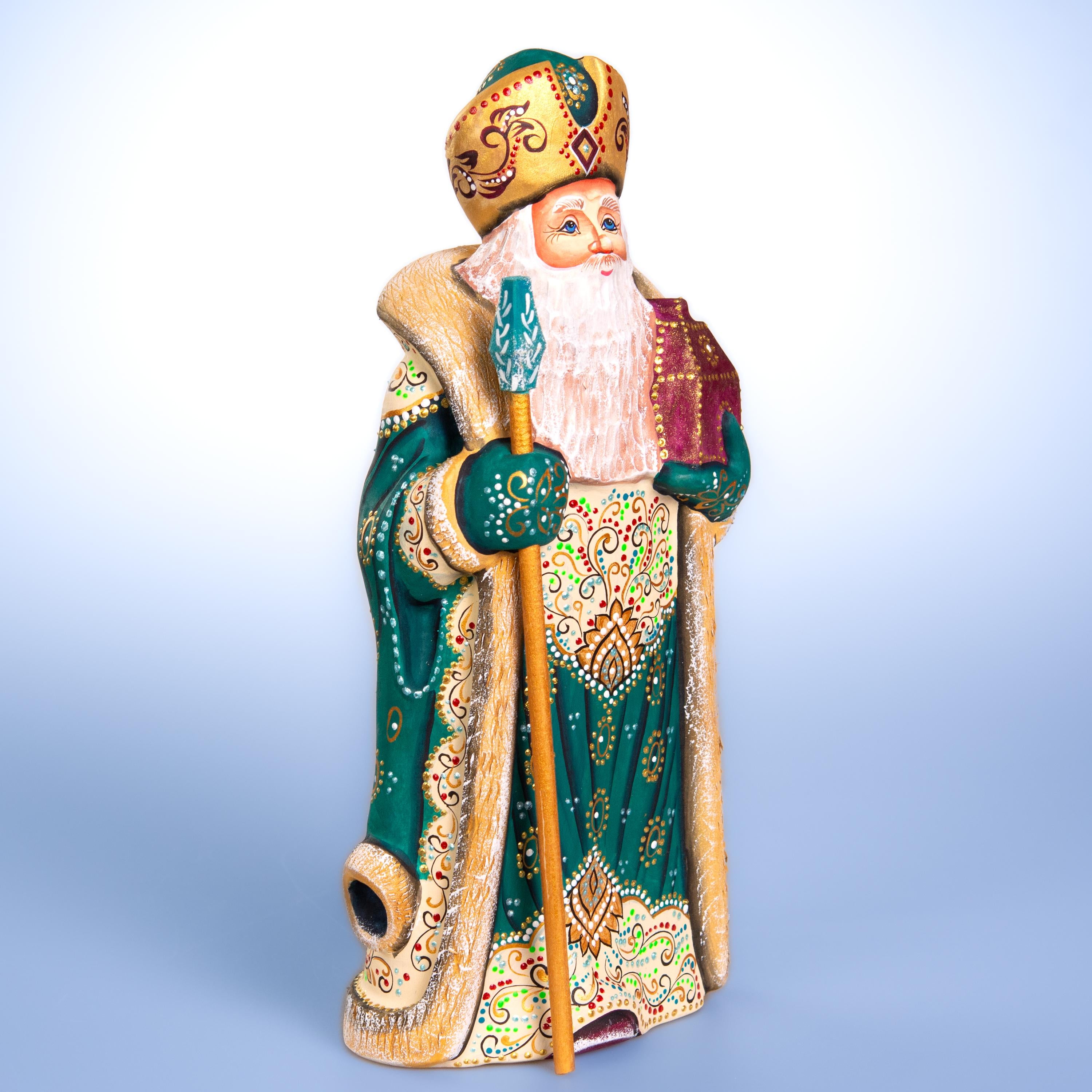 Kris Kringle Santa figurine 12 inch, emerald coat mantel display