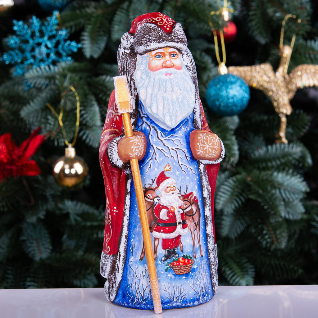 Hand carved Santa wooden figurine 9 inch, reindeer scene mantel decor