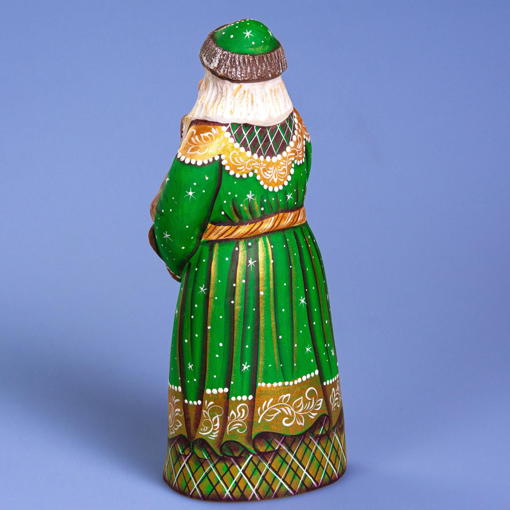 Santa with Dog Figurine 9", Green Coat, Hand Painted Wood