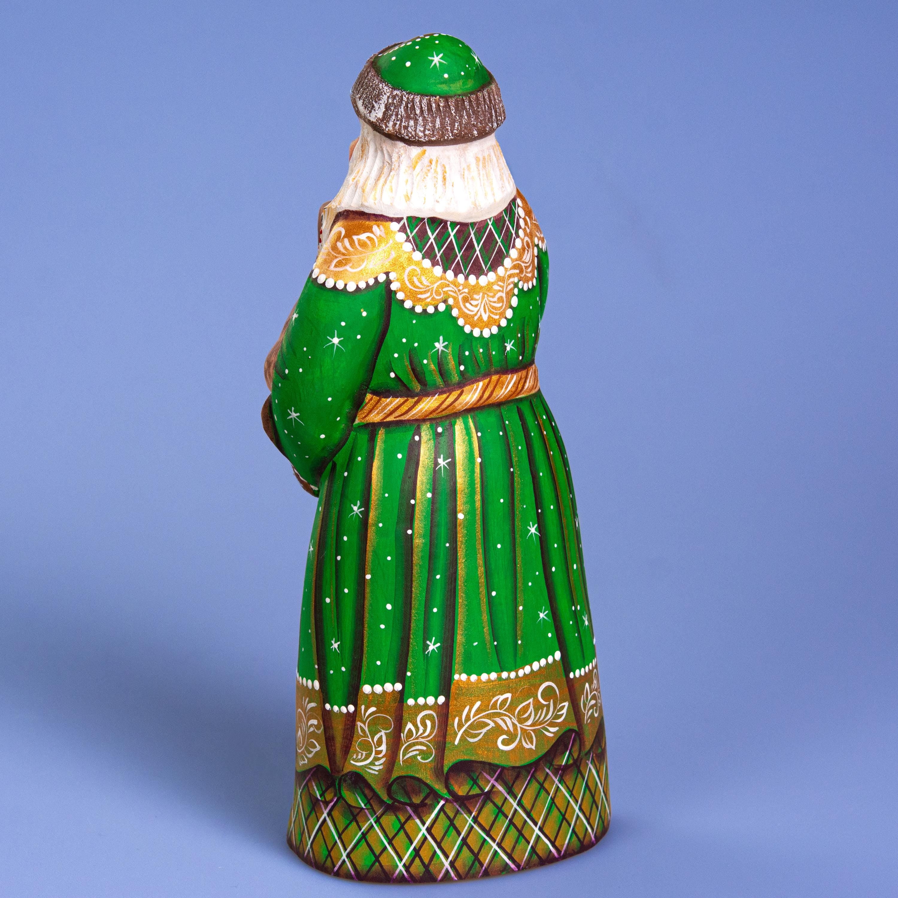 Santa with Dog Figurine 9", Green Coat, Hand Painted Wood