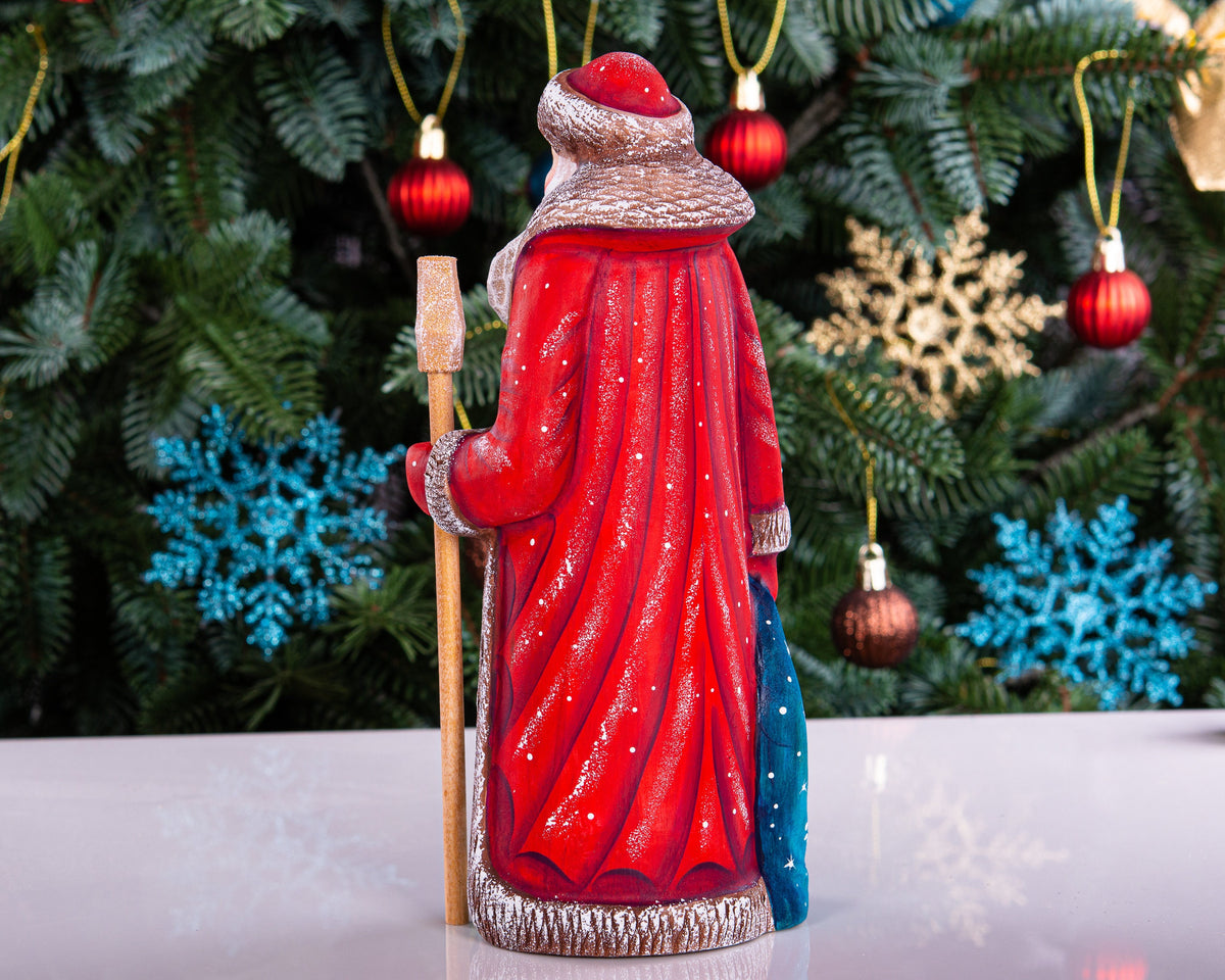 Hand carved wooden Santa figurine 9 inch, girl with animals, Christmas shelf decor