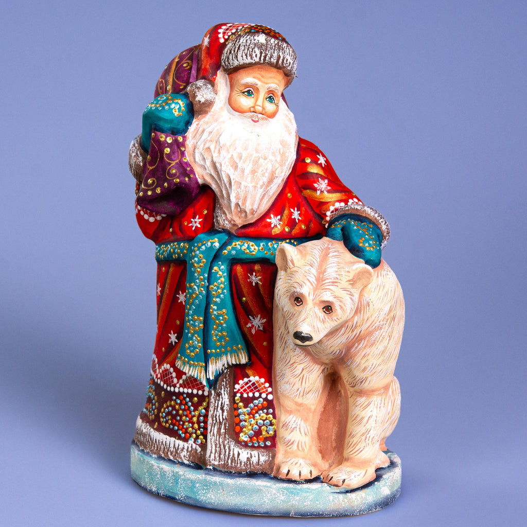 Collectible Wooden Santa Figurine 9" with Polar Bear, Mantel Décor