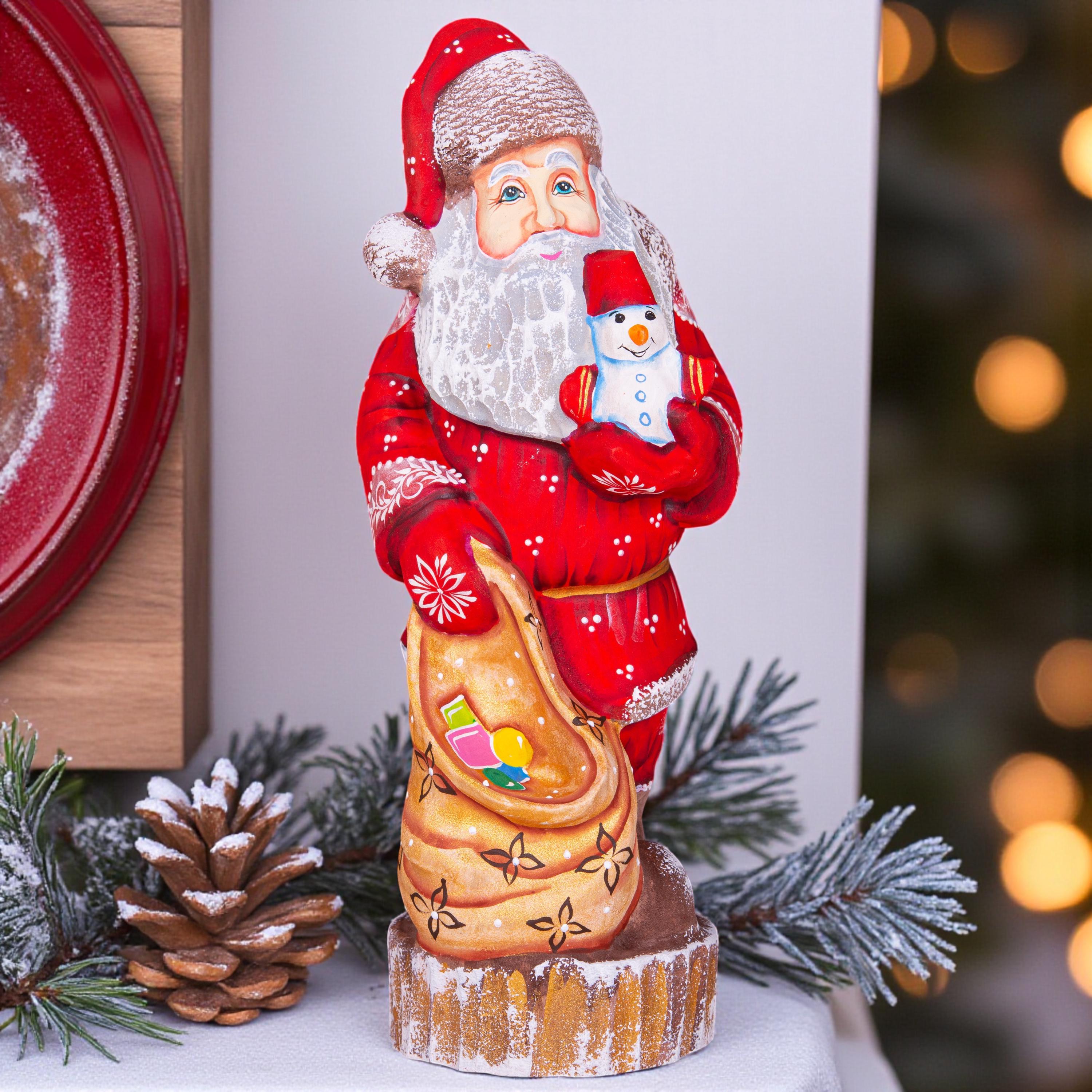 Hand carved Santa wood figurine 10 inch, snowman toy, gift sack, Christmas mantel decor