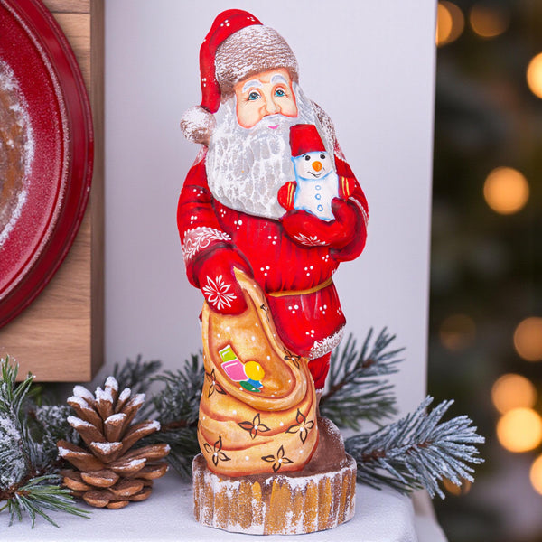 Hand carved Santa wood figurine 10 inch, snowman toy, gift sack, Christmas mantel decor