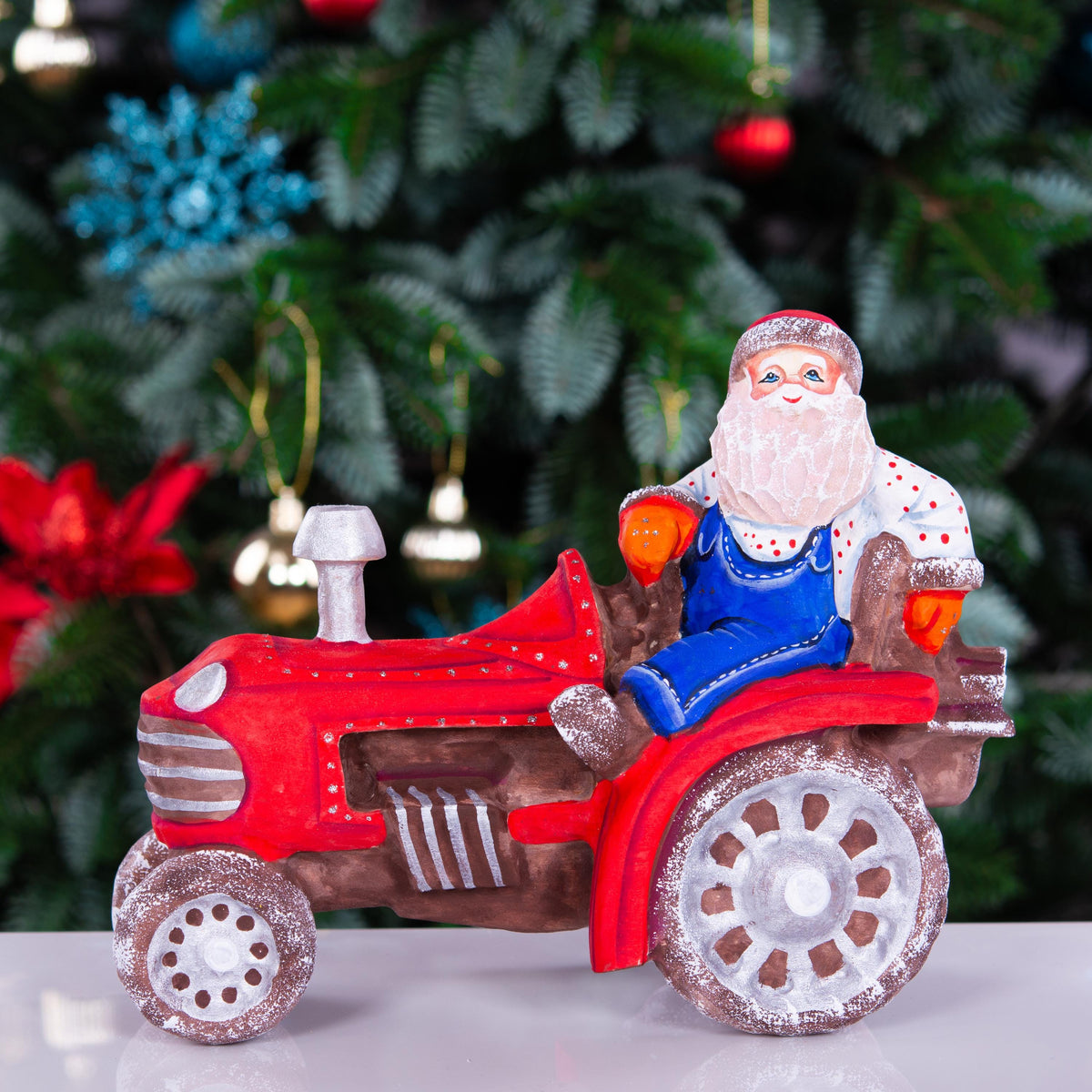 Hand-Carved Wooden Santa Claus Figurine on Tractor: Christmas Home Decor