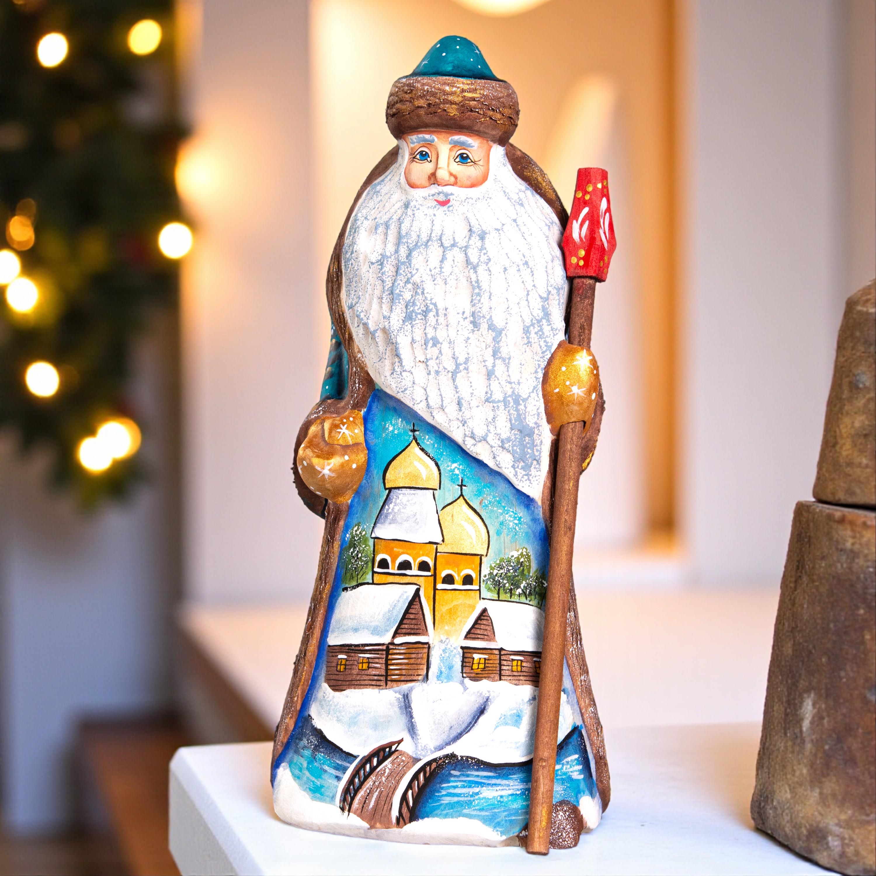 Hand Carved Santa Claus Figurine: Blue & Gold Winter Village Scene