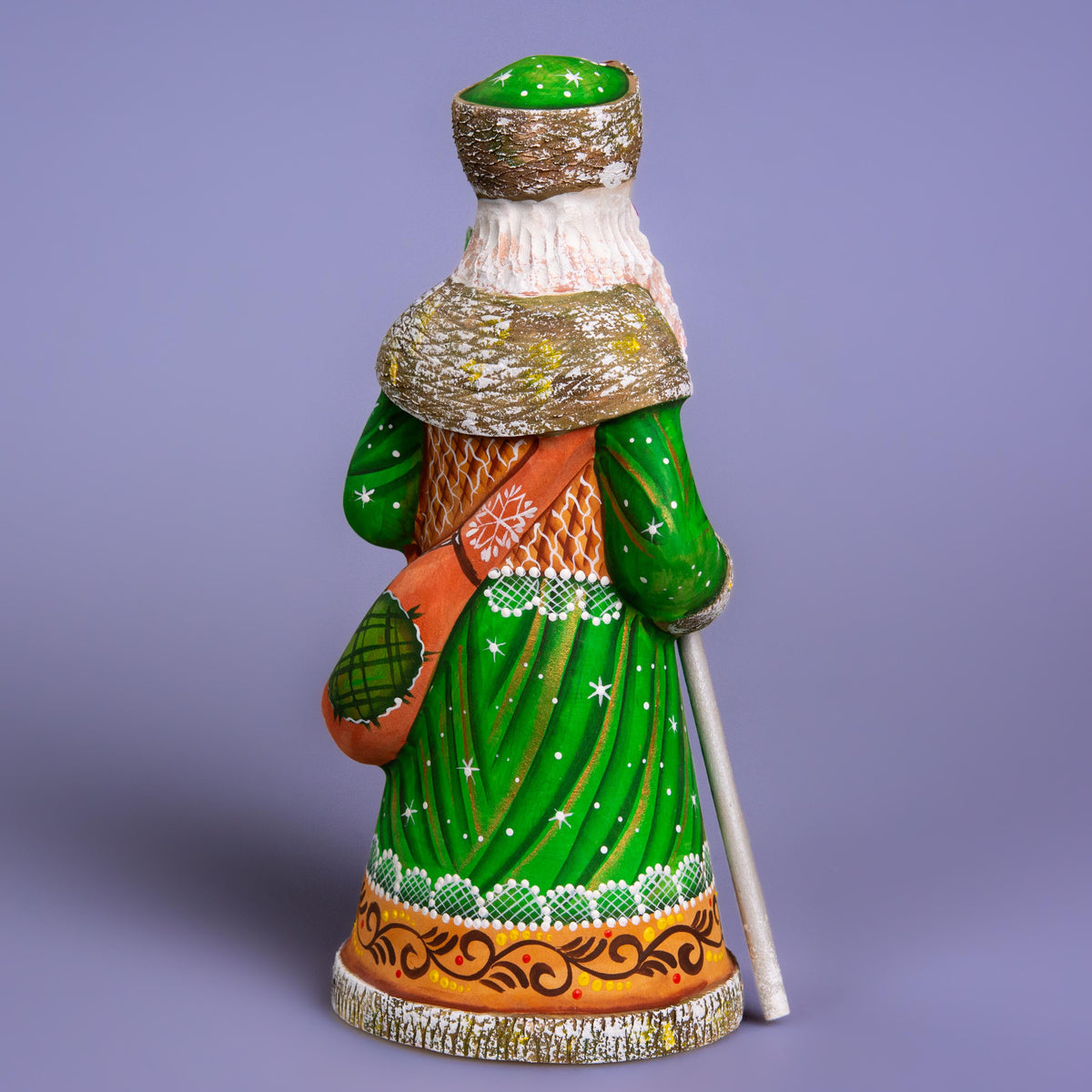 Hand carved wooden Saint Nicholas figurine 9 inch, green coat, holiday shelf decor