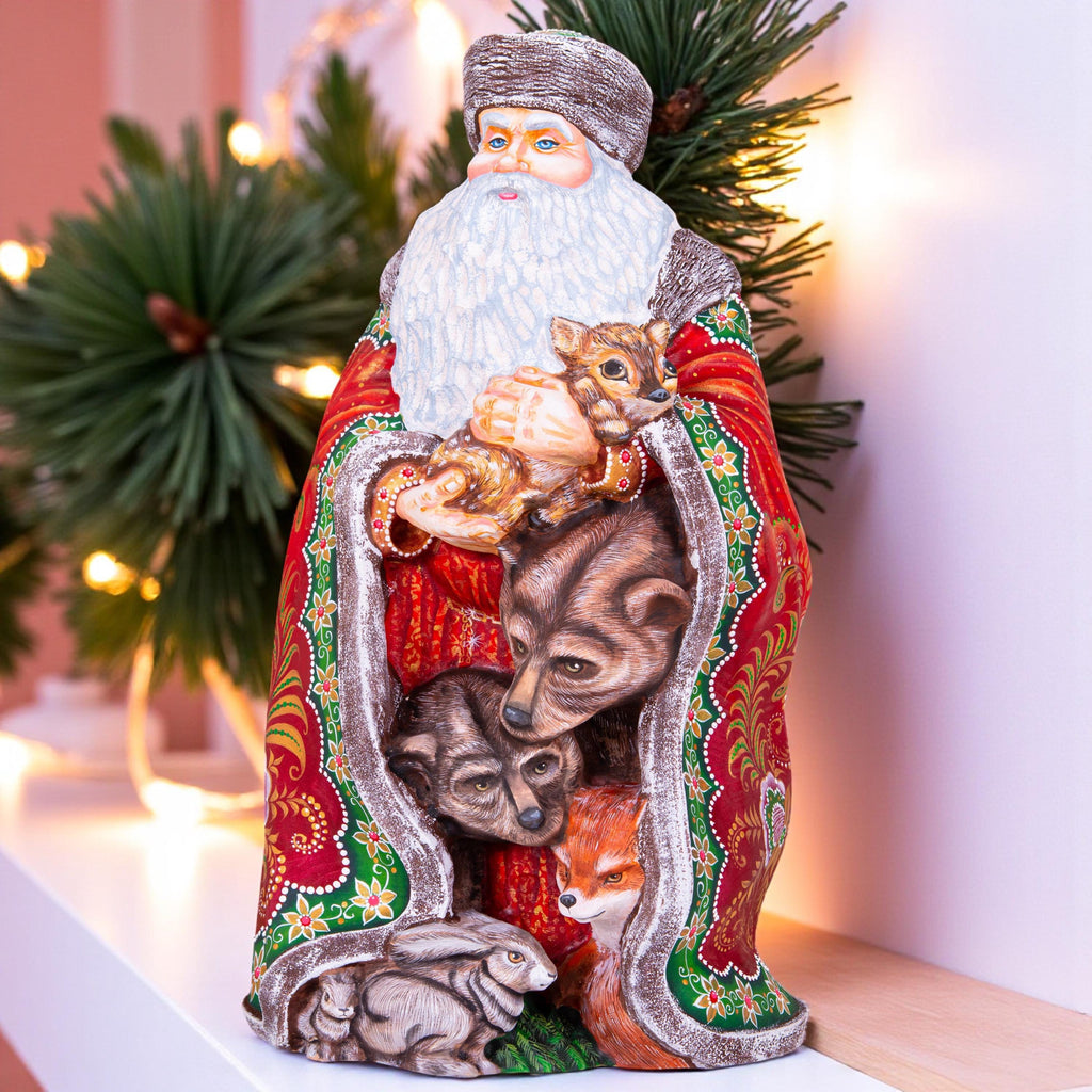Hand Carved Wooden Santa Claus Figurine with Forest Animals (14")