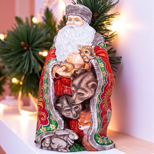 Hand Carved Wooden Santa Claus Figurine with Forest Animals (14