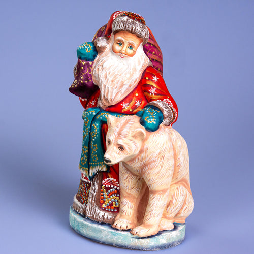 Collectible Wooden Santa Figurine 9" with Polar Bear, Mantel Décor