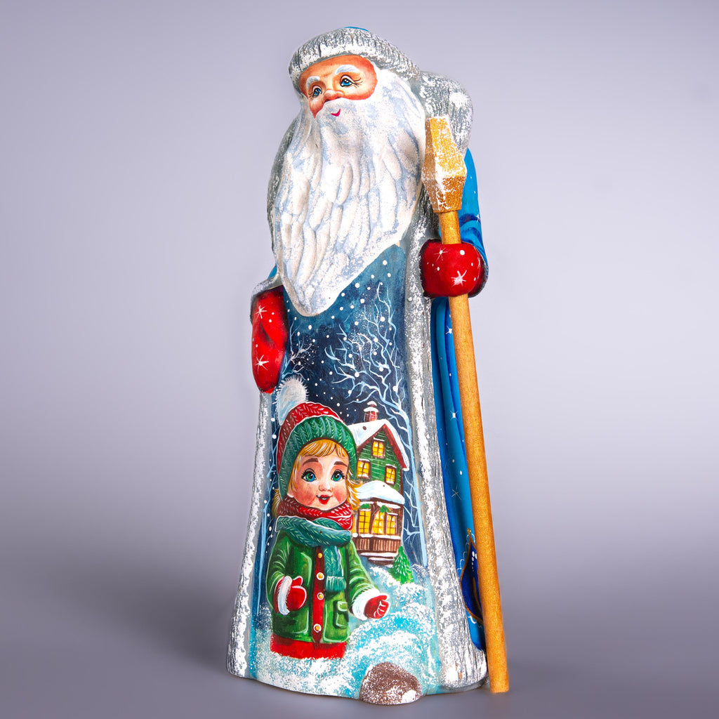 Hand carved wooden Santa figurine 9 inch, with child, shelf decor