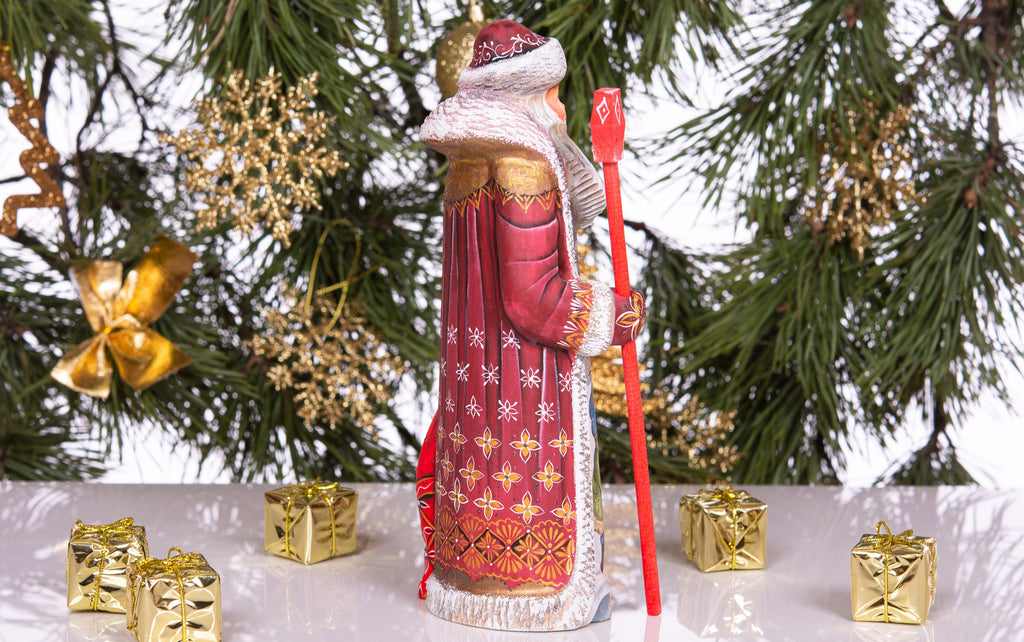 Kris Kringle hand carved wooden figurine 9 inch, gift sack & staff, Christmas home accent