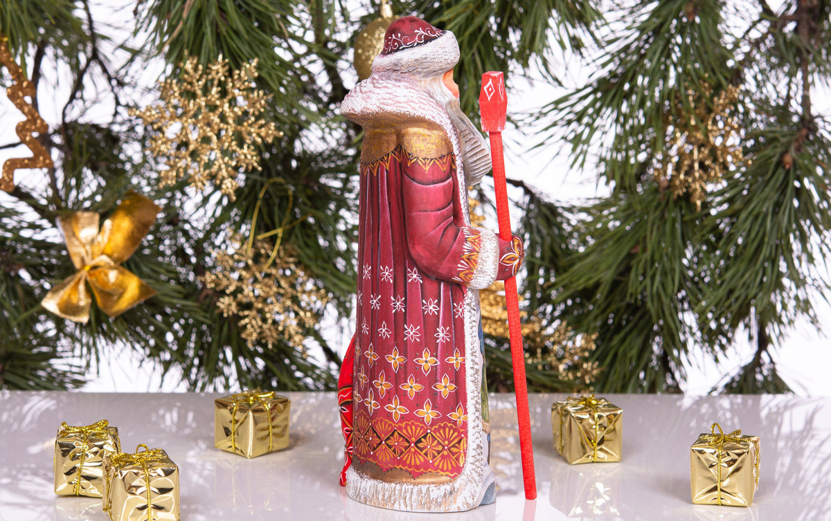Kris Kringle hand carved wooden figurine 9 inch, gift sack & staff, Christmas home accent
