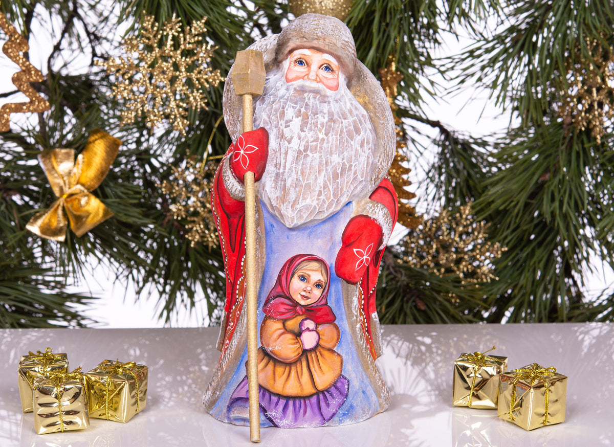 Old-World Santa wooden figurine 9 inch, little girl winter portrait, holiday mantel decor
