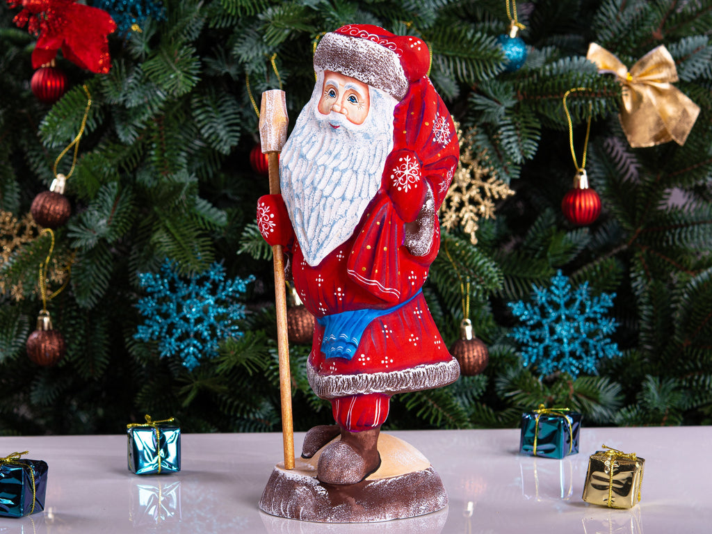 Hand carved Santa wooden figurine 11 inch, toy sack, mantel decor