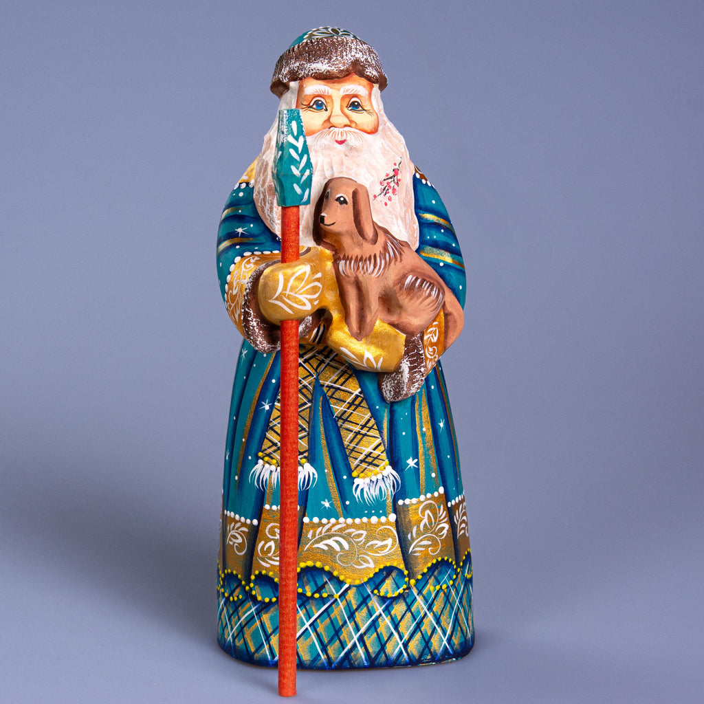 Hand Carved Wooden Santa Figurine with Dog 9 inch: Blue & Gold St. Nicholas