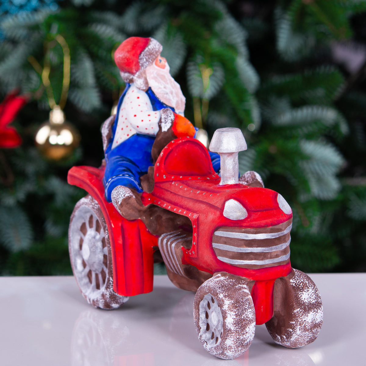 Hand-Carved Wooden Santa Claus Figurine on Tractor: Christmas Home Decor