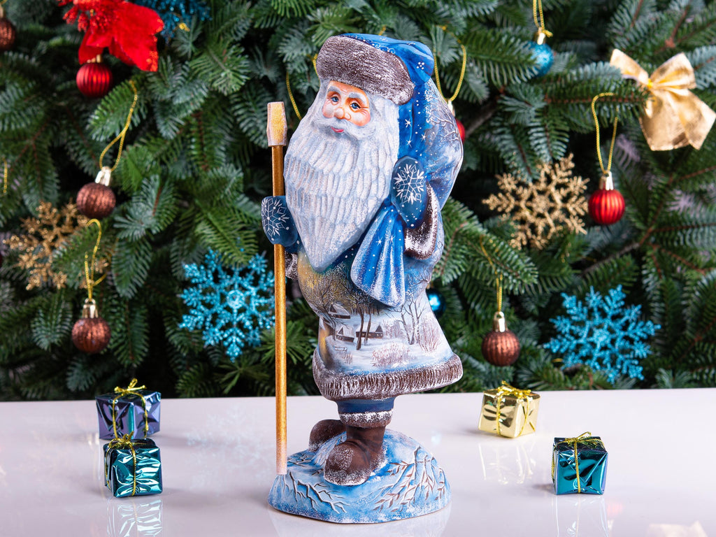 Hand carved Old-World Santa wooden figurine 11 inch, winter village landscape, mantel decor