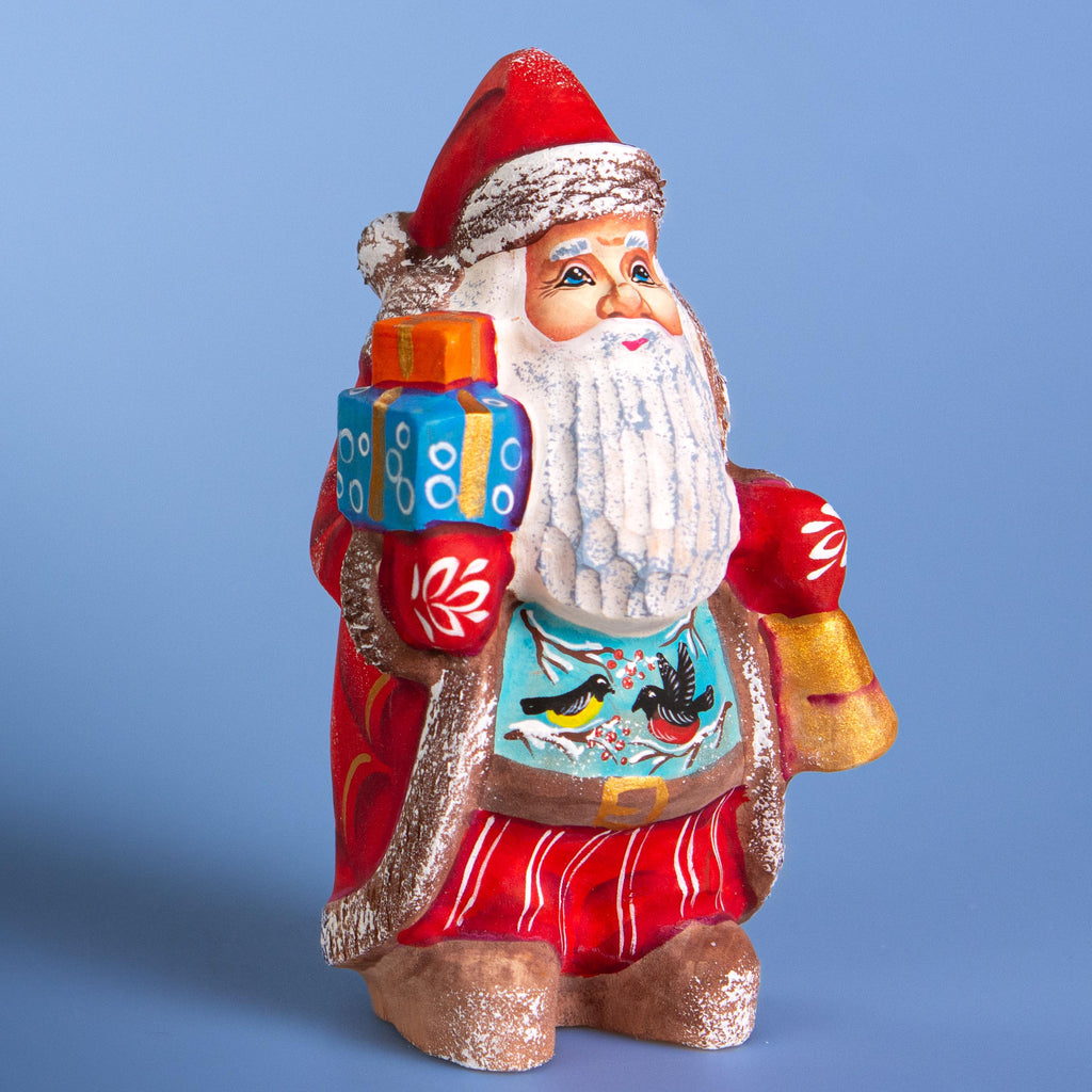 Carved wood Santa figurine with songbirds collector gift 5.5 inch