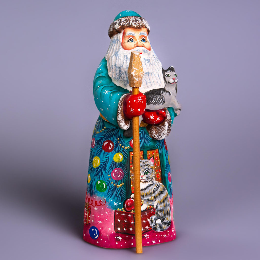 Hand Carved Wooden Santa Claus Figurine with Cat: Signed Folk Art
