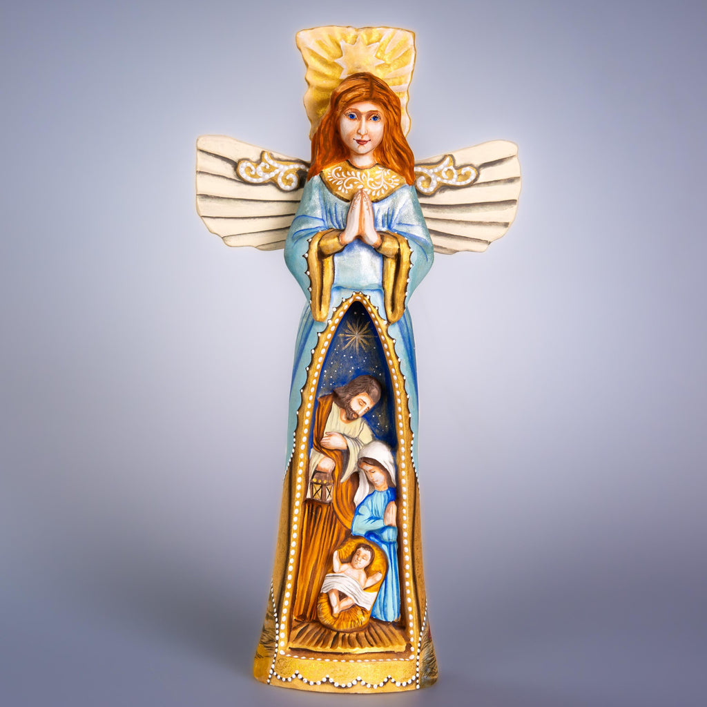 Hand carved wooden angel figurine 13 inch, Bethlehem star shepherds scene, mantel decor