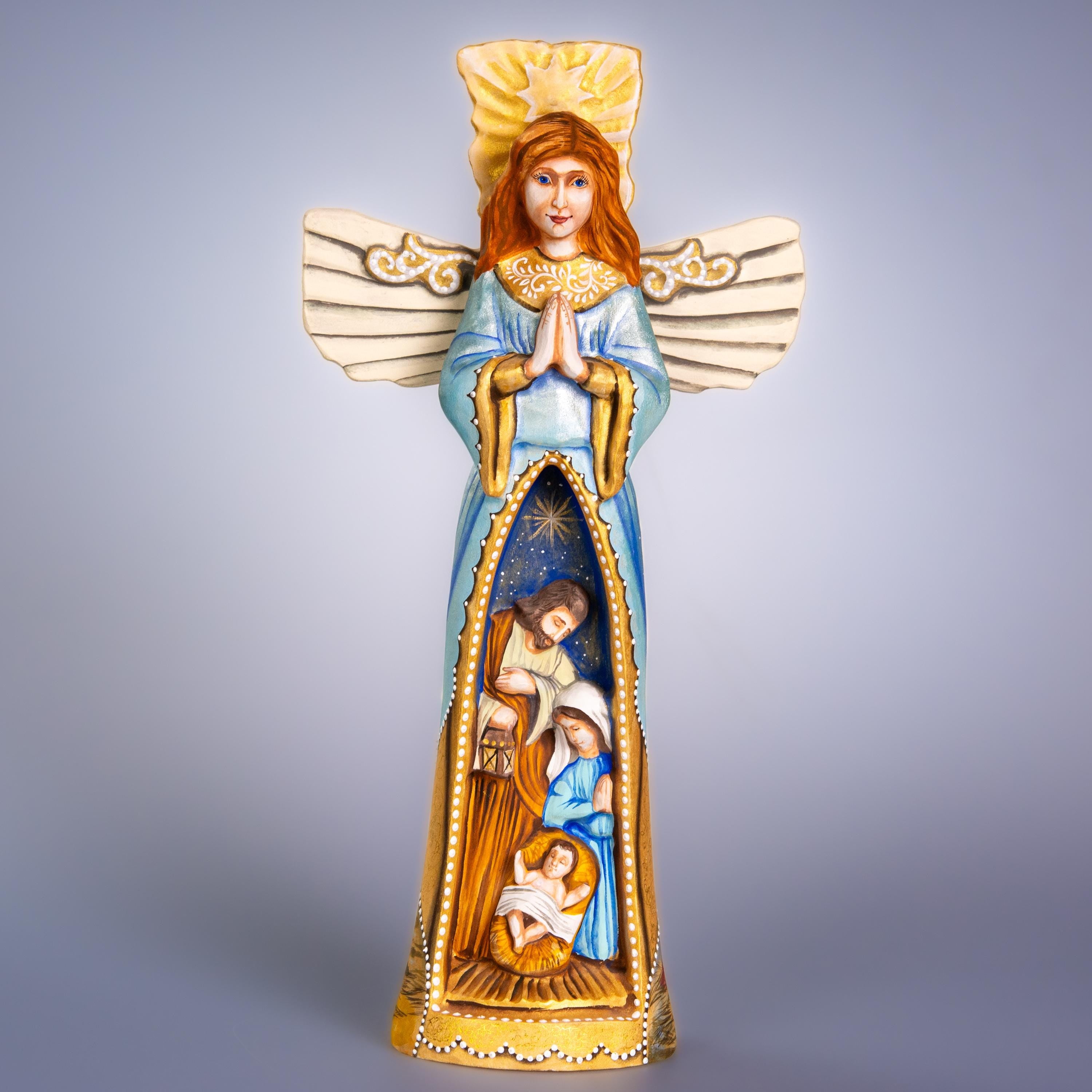 Hand carved wooden angel figurine 13 inch, Bethlehem star shepherds scene, mantel decor
