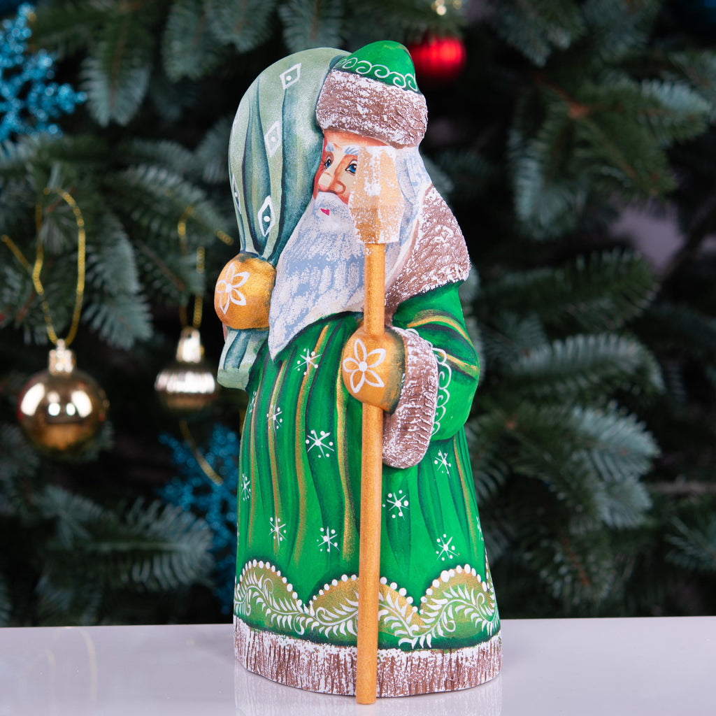 Hand carved Santa wooden figurine 8.3 inch, staff and sack