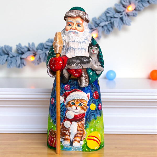 Hand carved Santa with kitten wood figurine 9 inch, cat lover mantel decor