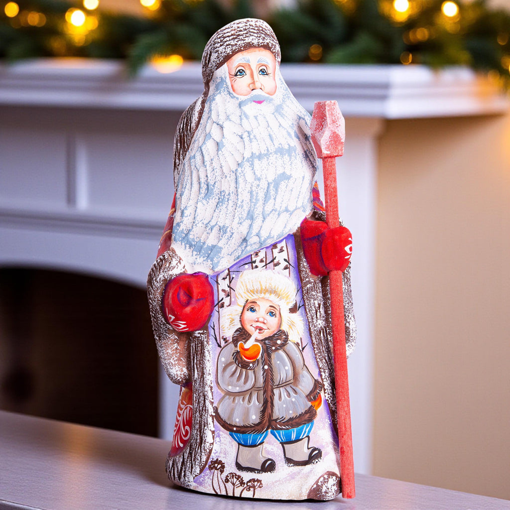 Father Frost, Hand-Carved Wood, Staff and Snowy Forest Child, 9″