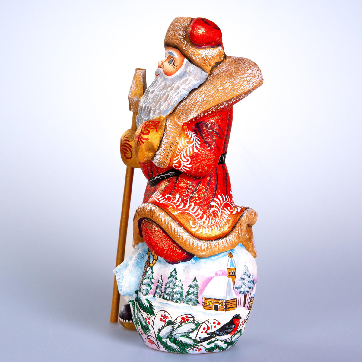 Hand carved Santa wooden figurine 9.7 inch, winter birds village scene