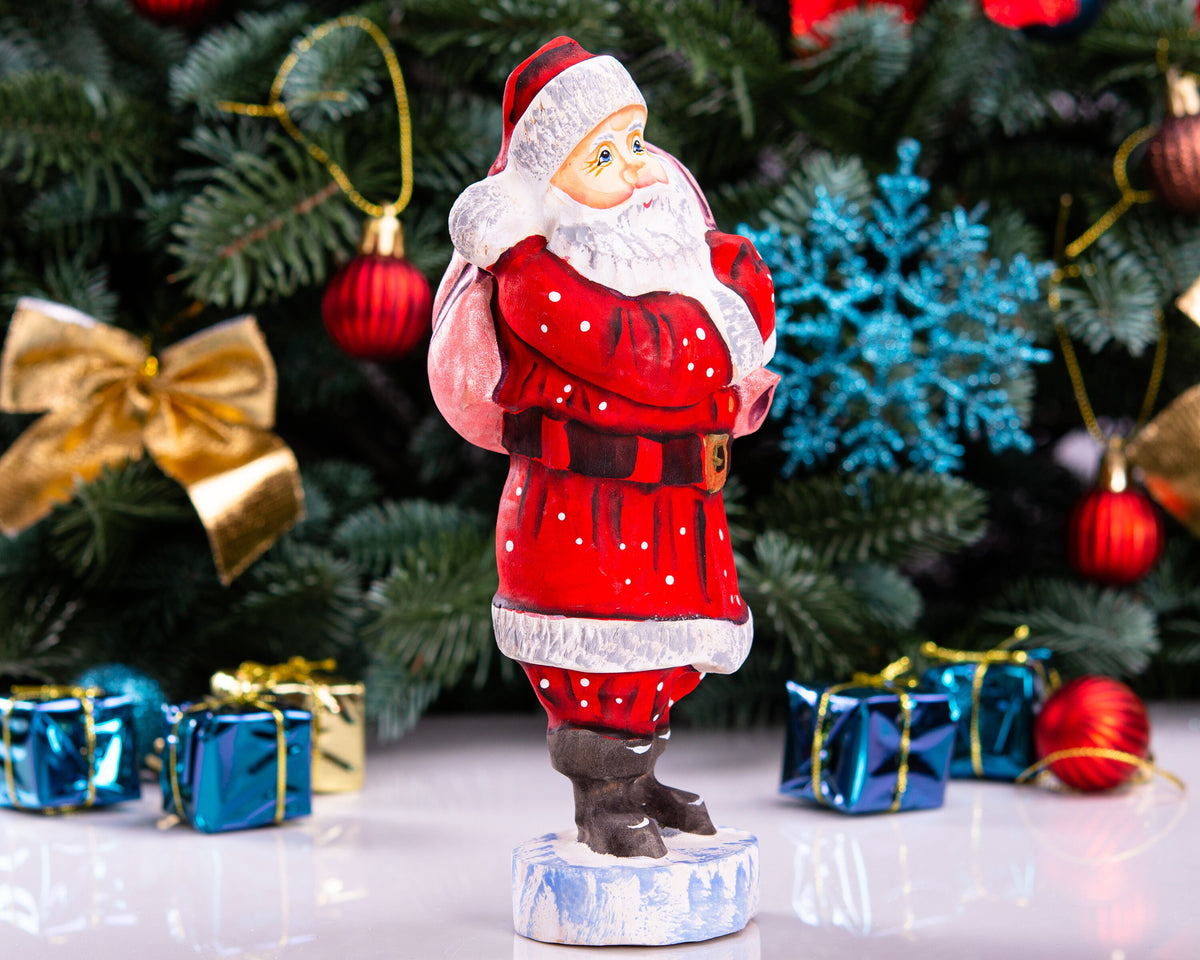 Santa Statue 7.1″, Hand‑Carved Wood, Shoulder Toy Sack