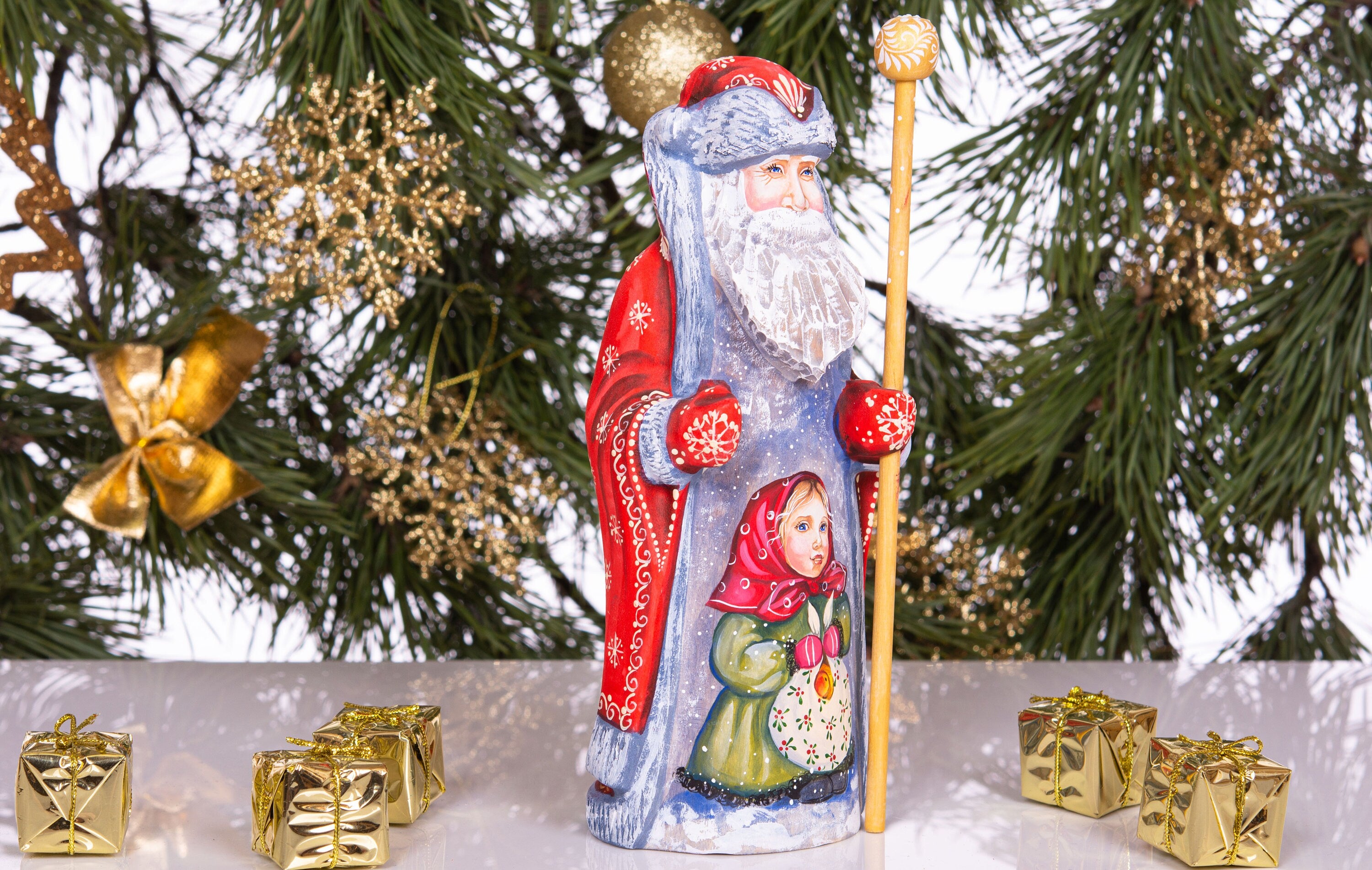 Old-World Santa Claus figurine 9 inch hand carved wood, cozy child artwork, mantel centerpiece