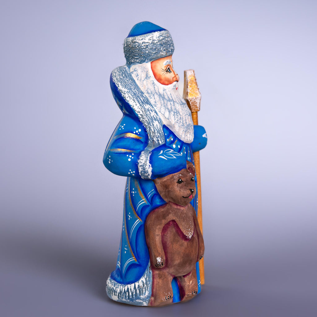 Old World Father Christmas Figurine 8 inch, Blue Robe, Santa with Bear, Hand Painted